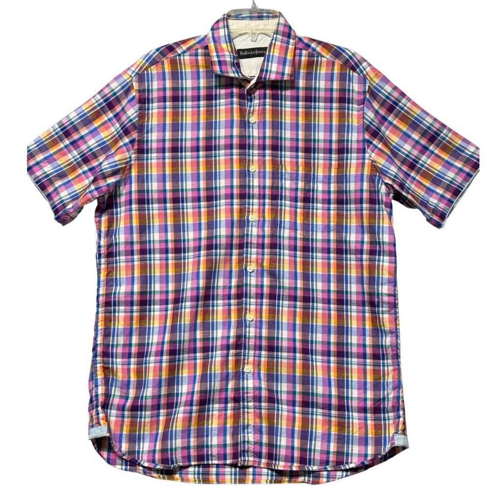 Bullock & Jones Mens Short Sleeve Plaid Button Down Shirt Multicolor Cotton L